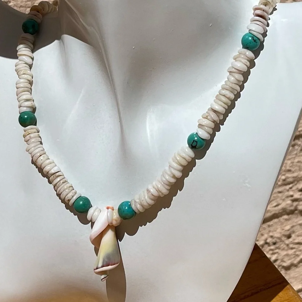 Puka Shells & Turquoise Colored Glass Bead Necklace